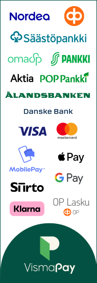 Hyväksytyt maksutavat: Visma Pay, Nordea, OP, POP Pankki, Säästöpankki, Aktia, Danske Bank, Ålandsbanken, S-Pankki, Visa, Mastercard, MobilePay, Apple Pay, Google Pay, Siirto, OP Lasku, Klarna