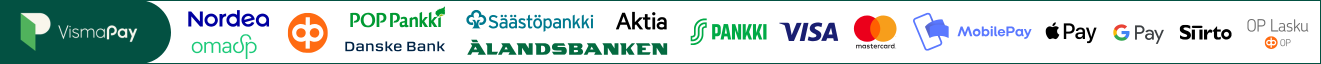 Hyväksytyt maksutavat: Visma Pay, Nordea, OP, POP Pankki, Säästöpankki, Aktia, Danske Bank, S-Pankki, Ålandsbanken, Handelsbanken, Visa, Mastercard, MobilePay, Apple Pay, Google Pay, Siirto, OP Lasku